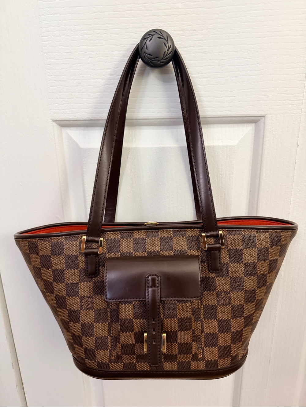 Louis Vuitton Brown Damier Ebene Canvas Shoulder Tote with Orange Accent